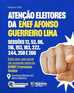 Cartório Eleitoral informa sobre mudança de local de votação para eleitores da EMEF Afonso Guerreiro Lima Cartório Eleitoral informa sobre mudança de local de votação para eleitores da EMEF Afonso Guerreiro Lima