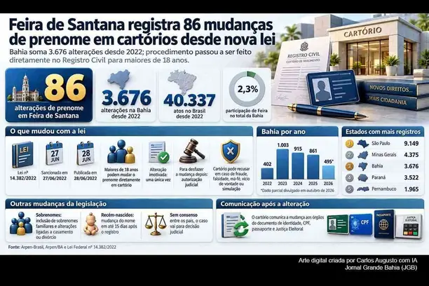 Feira de Santana registra 86 mudanças de prenome em cartórios desde nova lei; Bahia soma 3.676 alterações Feira de Santana registra 86 mudanças de prenome em cartórios desde nova lei; Bahia soma 3.676 alterações